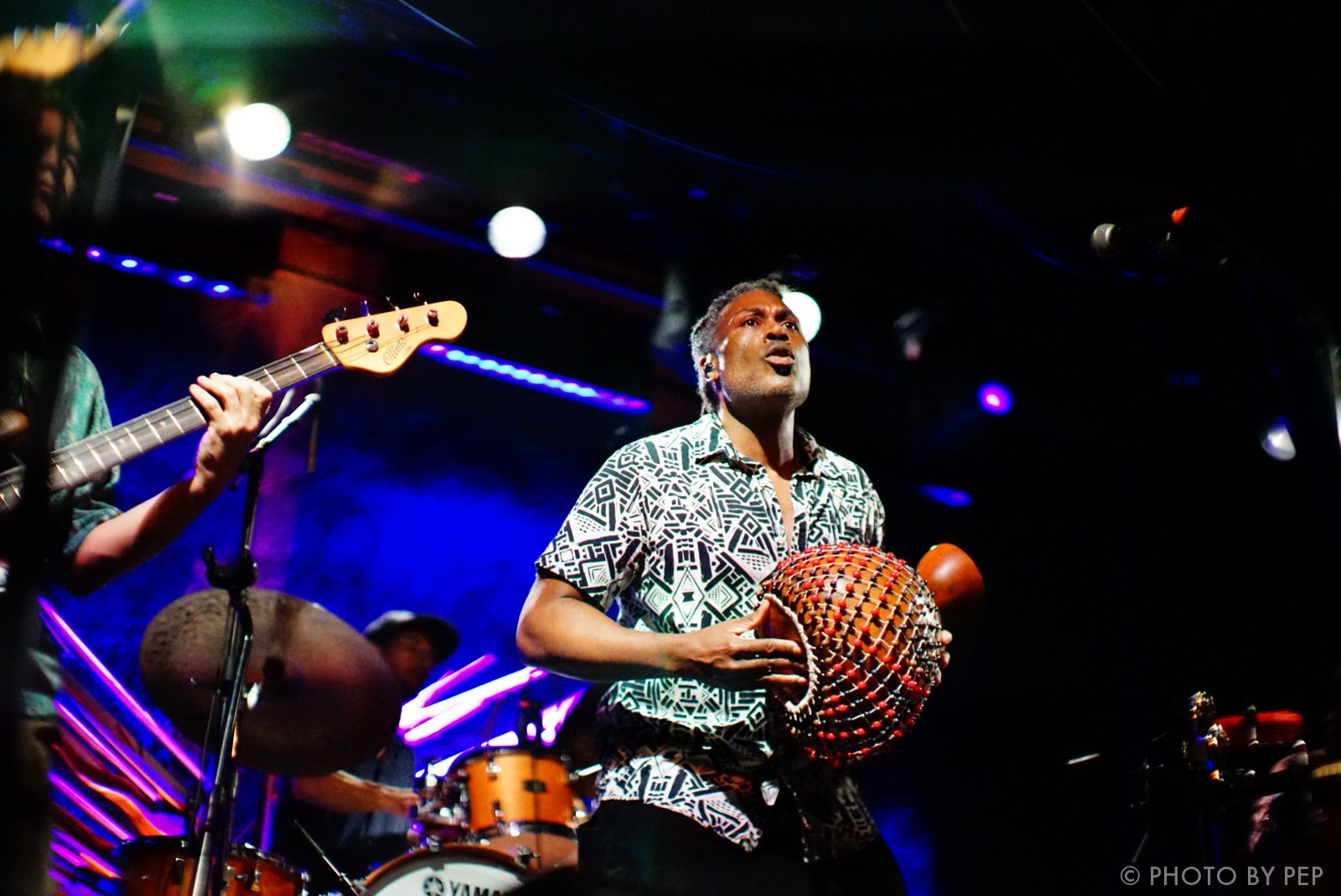 Percussionist with shekere performing with a live band